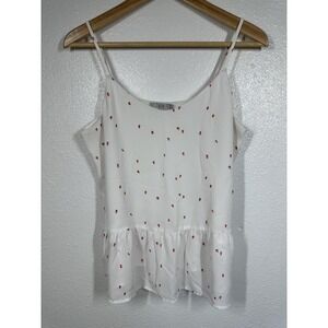Dalia Tank Top Womens Small White Strawberry Print Sleeveless Peplum Blouse Cami